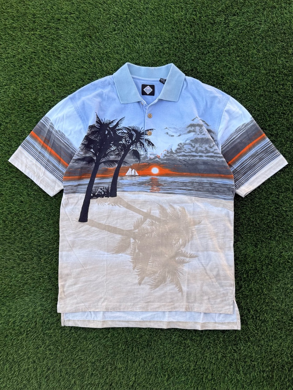 Vintage Tobasco Sportswear Polo Shirt Beach Sunset Graphic Print Size Medium
